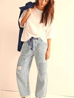 Free People We The Free Moxie Railroad Low-Slung Striped Barrel Wide Leg Jeans